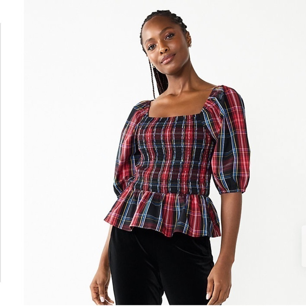 Draper James RSVP New Size L Smocked Peplum Top Elbow Sleeve Red‎ Multi Plaid